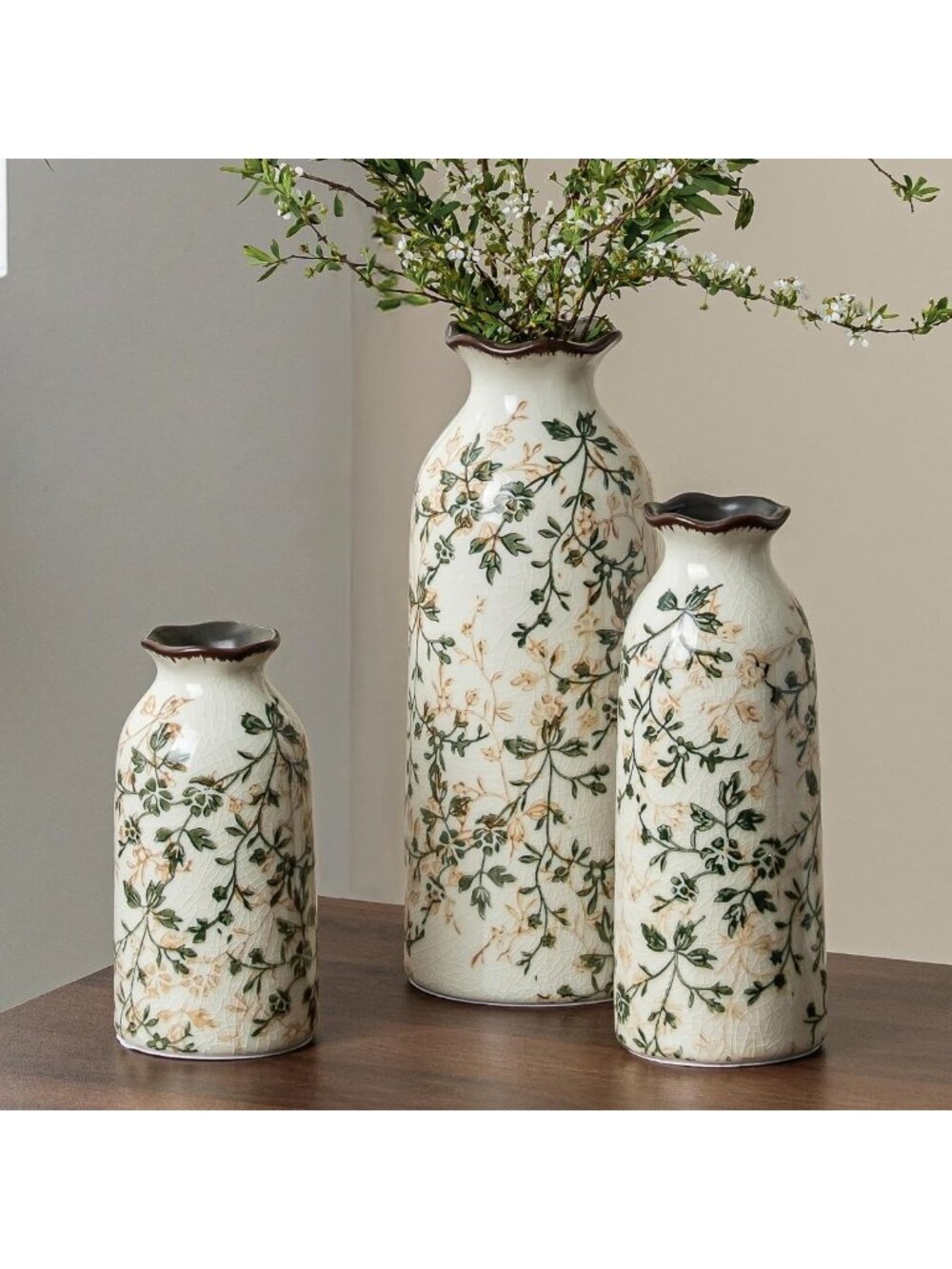Vintage Green Ceramic Flower Vase Set for Home Decor - 6, 8, & 10 Inch Sizes